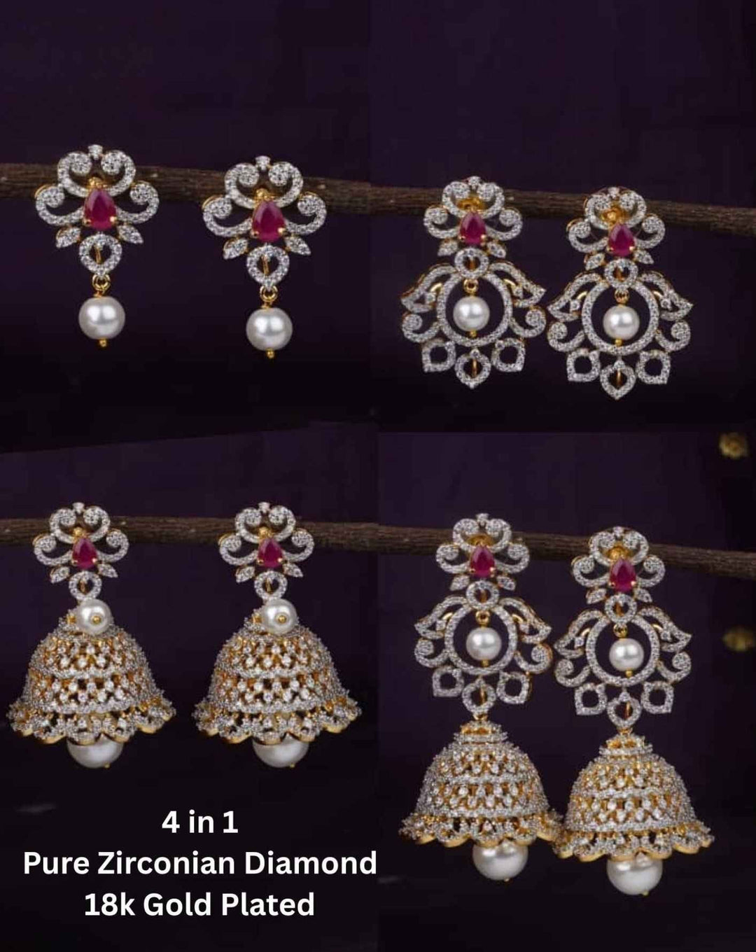 Pure Zirconian Diamond 4 in 1 Gold Plated Jhumka Earrings c1010020