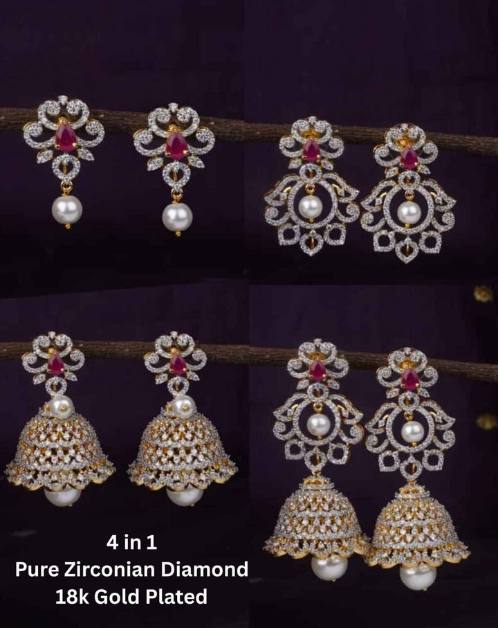 Pure Zirconian Diamond 4 in 1 Gold Plated Jhumka Earrings c1010020