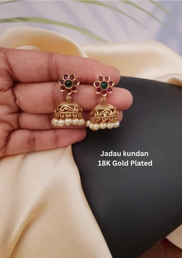 Jadau Kundan Antique Gold Plated Jhumkas with Pearls g10399