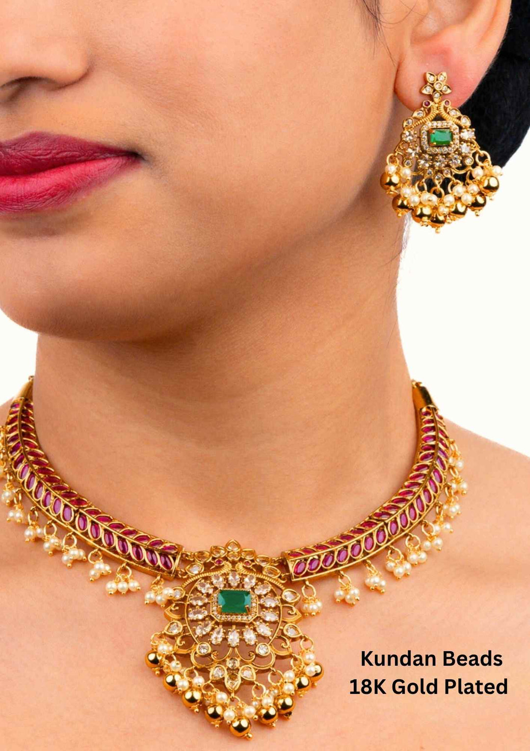 Jadau Kundan Gold Plated Beads Floral Necklace With Earrings c1016020