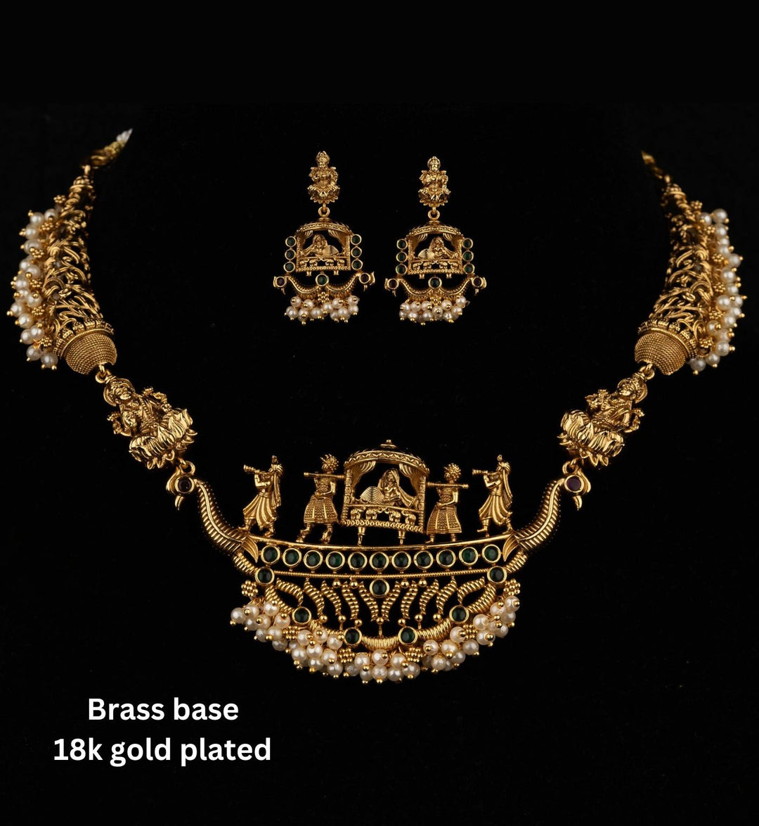 Kundan Brass Base Temple Necklace With Earrings g102050