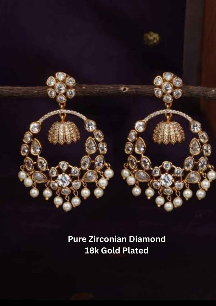 Pure Zirconian Diamond Gold Plated Chandbali Lightweight Earrings c105520