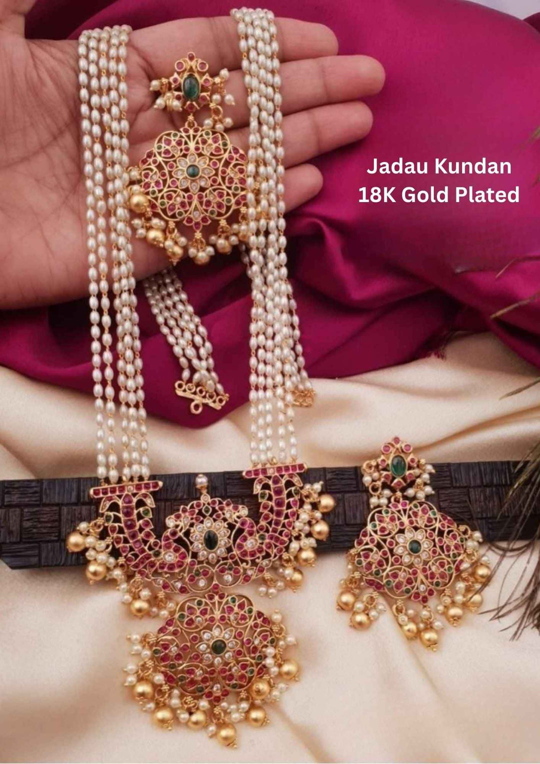 Jadau Kundan with Rice Beads Gold Plated Haram (Necklace) With Earrings g102150