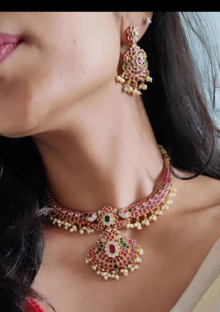 Jadau Kundan Gold Plated Kante Necklace with Earrings c1012020