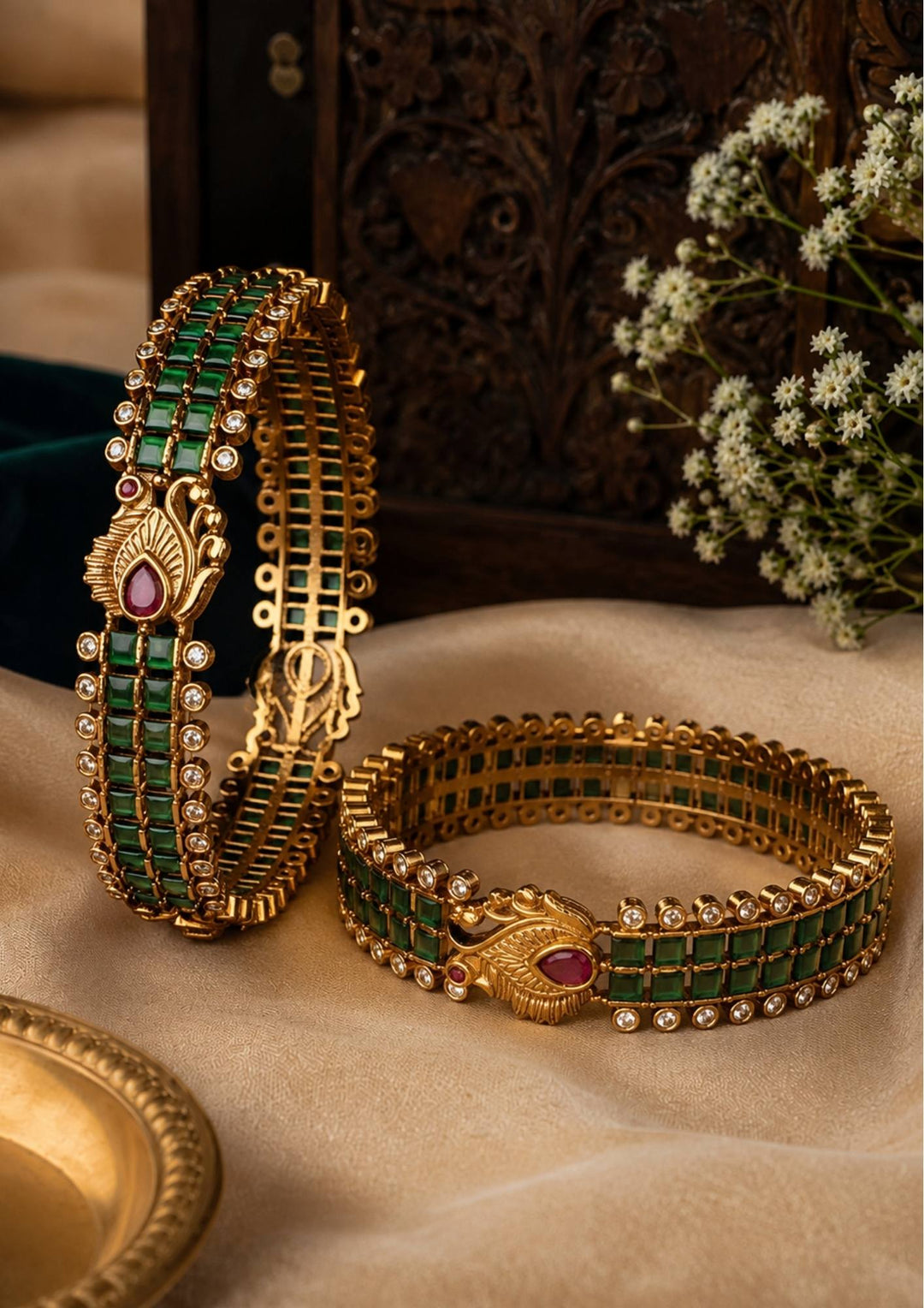 Gold and green gemstone bangles