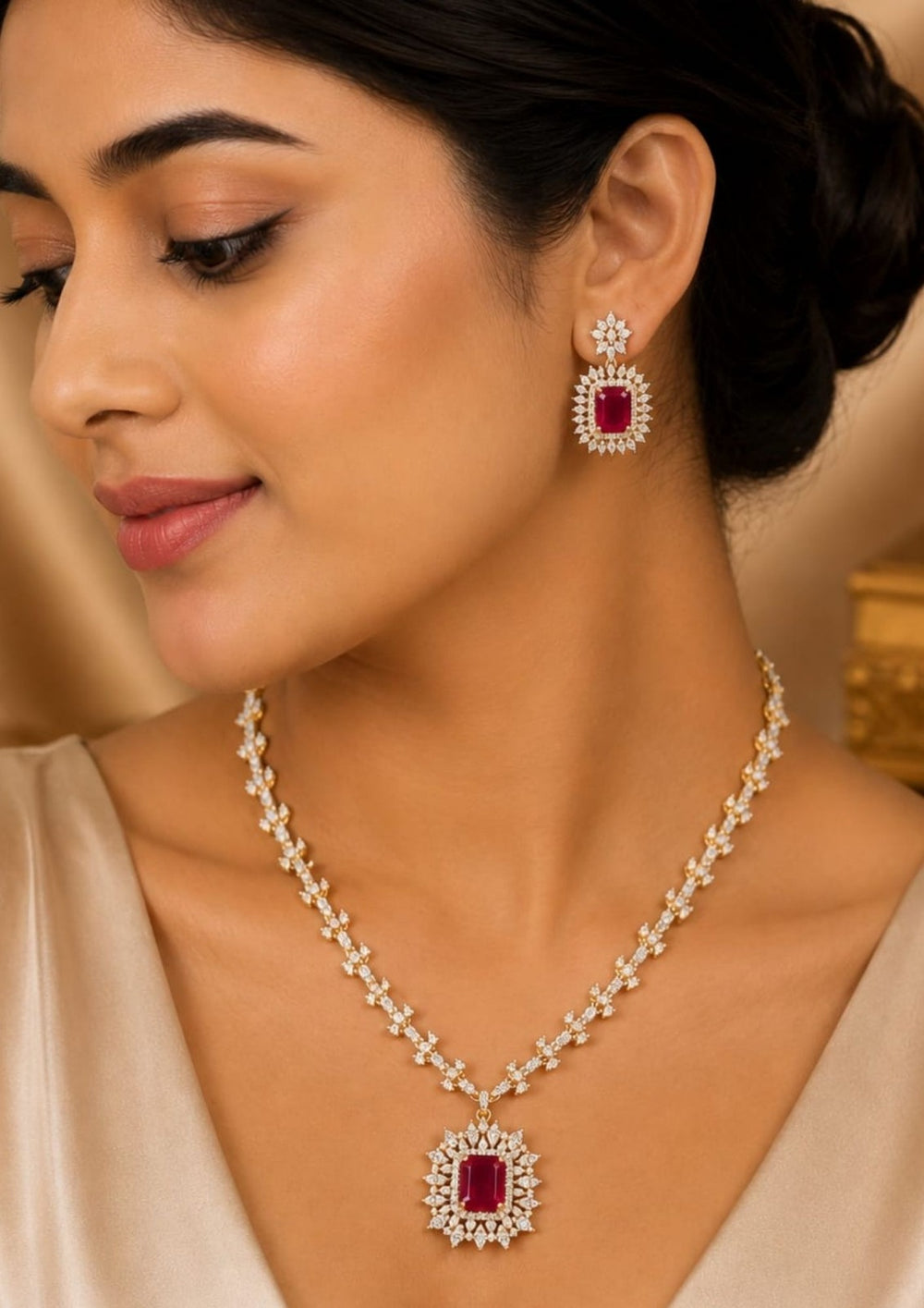 Gold-plated zircon diamond necklace and matching drop earrings. The necklace features a large rectangular red gemstone pendant surrounded by clear stones, with a matching pair of earrings above it. Perfect for weddings, receptions, festive occasions, and gifting.