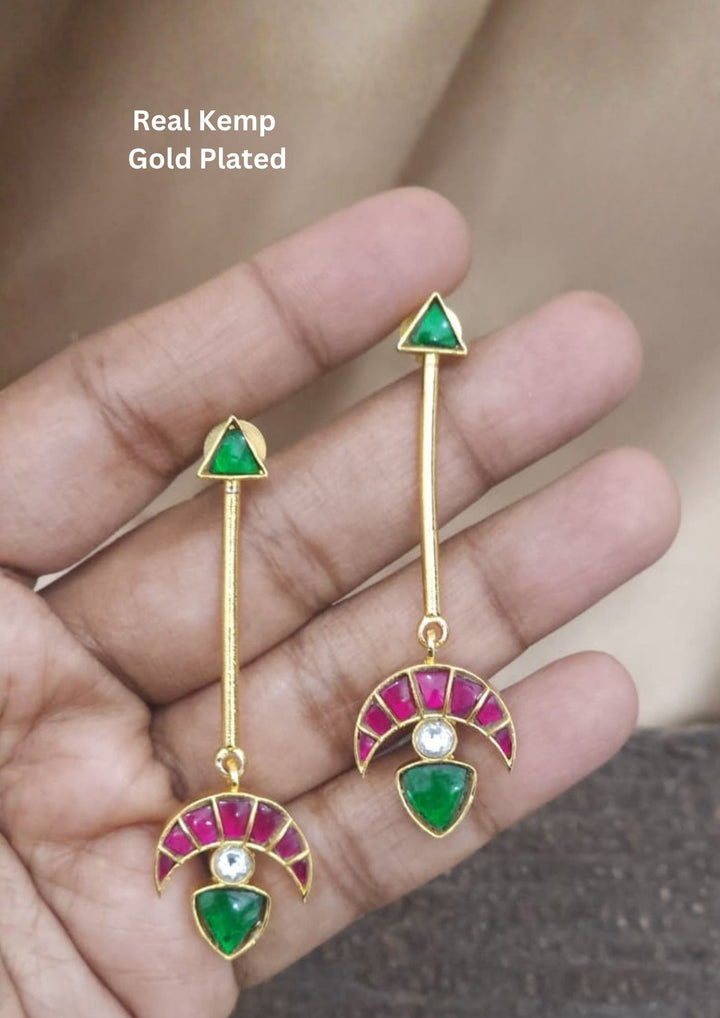 Gold plated long real kemp earrings designed in half moon shape with long bar and up stud designed in triangle shape come with lightweight perfect for weddings, functions, giftings, office wear and it is anti tarnish and skin friendly