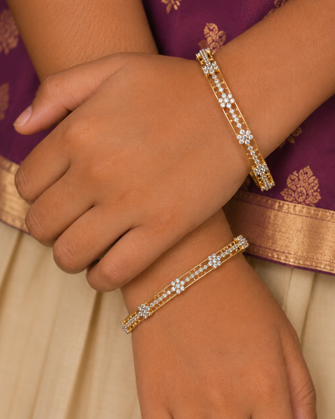Elegant 18K gold plated zircon diamond bangles crafted with brilliant floral crystal detailing for festive and party wear.