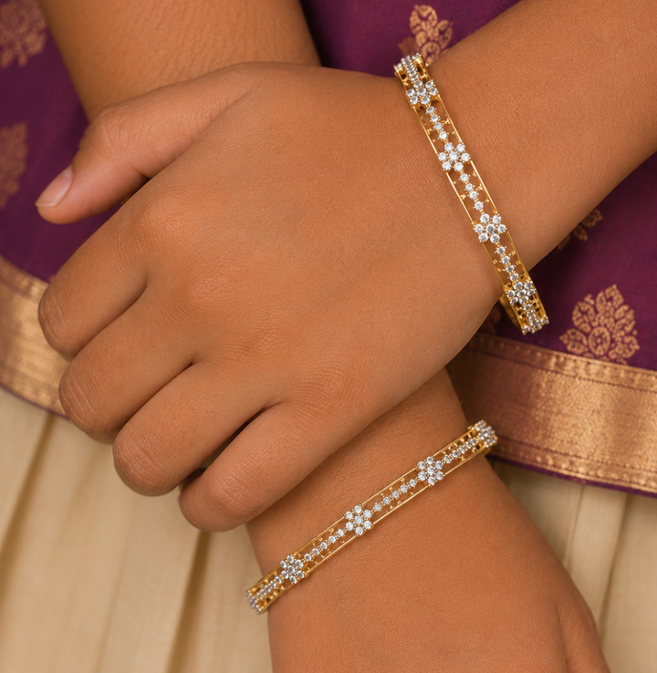 Elegant 18K gold plated zircon diamond bangles crafted with brilliant floral crystal detailing for festive and party wear.