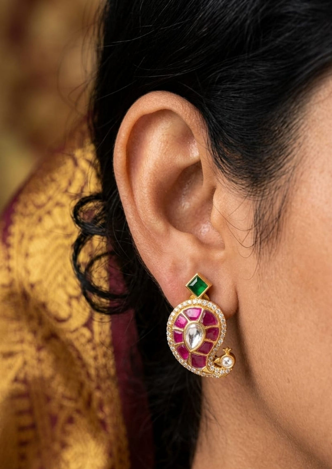Detailed close-up view of the daily wear 18k gold plated American diamond mangalsutra set. The skin-friendly, anti-fade light mangalsutra chain and stud earrings offer a minimalist traditional look that pairs perfectly with modern western formal shirts, daily wear kurtis, and festive outfits.