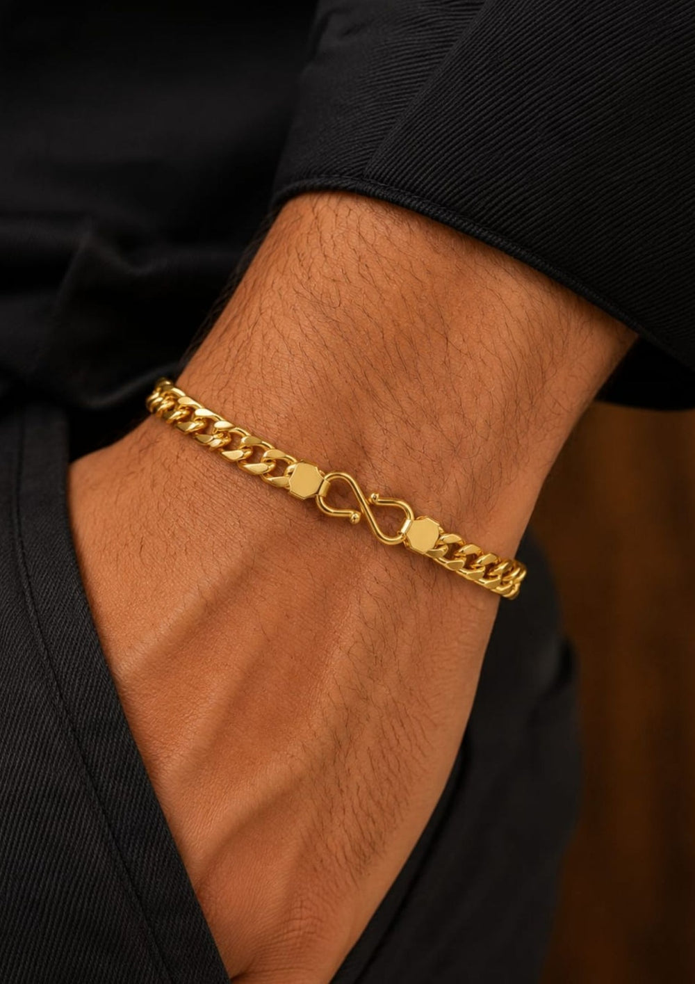 Close up offer south indian men wearing Classic men's gold plated bracelet featuring a sleek Cuban link chain with a secure hook clasp. Perfect for daily wear, parties, festive occasions, gifting, and modern men's stylish