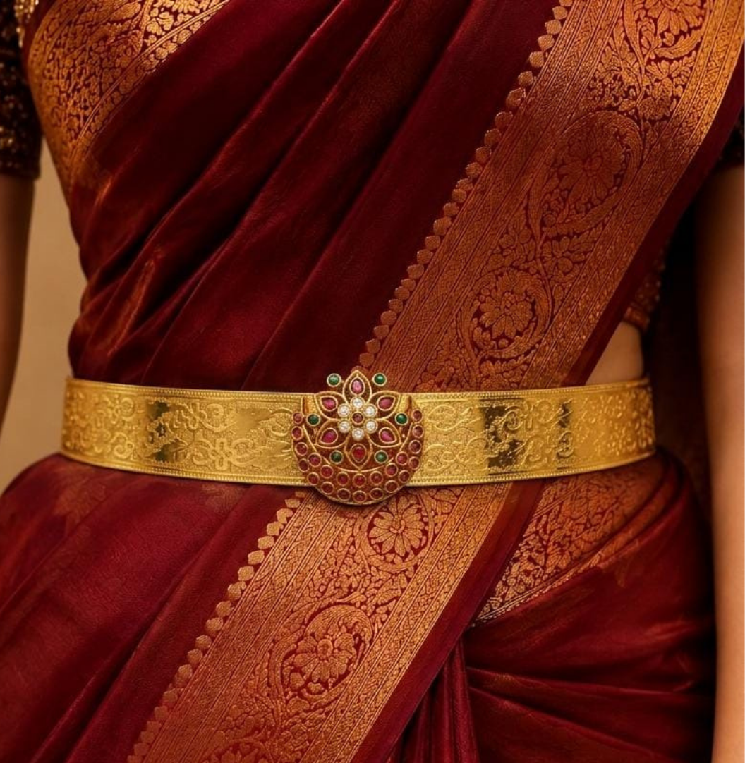 Beautiful gold plated hip belt featuring an intricately engraved wide band with a floral gemstone centerpiece accented with ruby, green, and white stones. Perfect for traditional wear, weddings, festive occasions, bridal styling, parties, and gifting.
