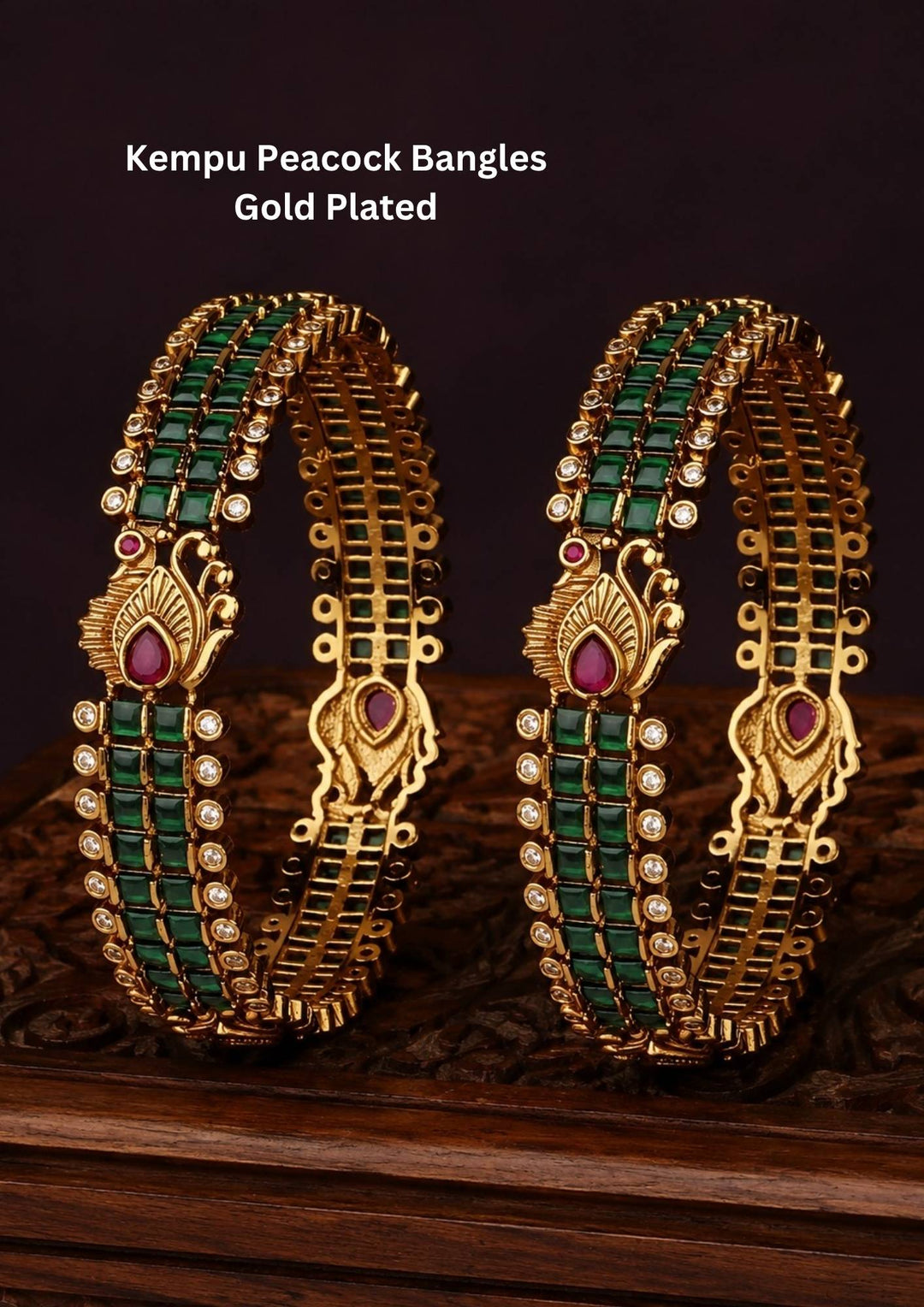 Gold Plated Kempu Bangles with traditional South Indian temple jewelry design with red and green kempu stones arranged in detailed floral and leaf patterns. The bangles come with rich gold plated finish, traditional detailing, lightweight feel, sweat proof quality, anti-fade colour, skin-friendly finish, and comfortable fit perfect for bridal wear, weddings, pooja functions, festivals, and traditional occasions.