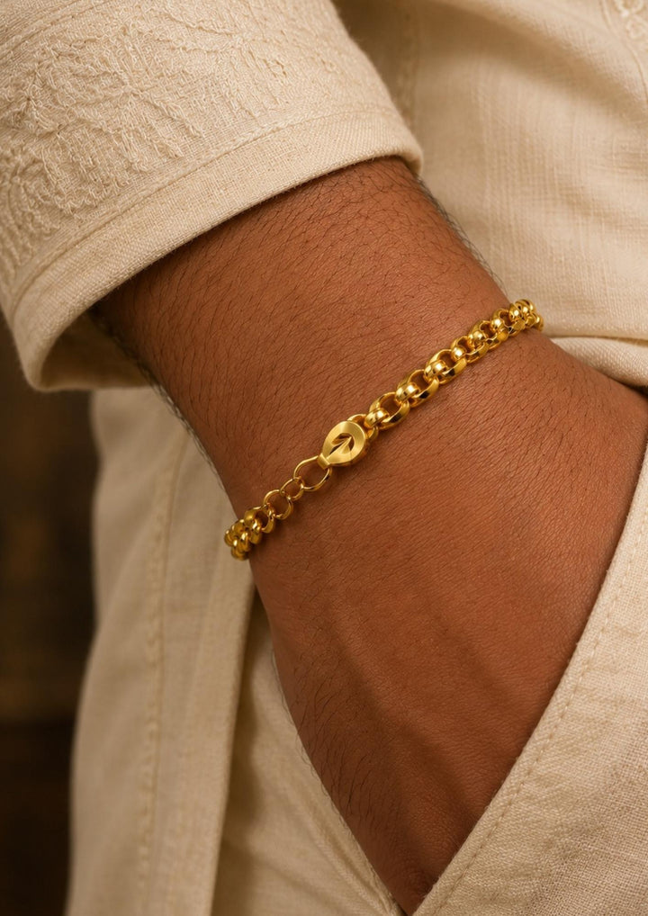 Elegant gold plated bracelet for men crafted with polished curb links and an adjustable clasp, perfect for daily wear, parties, traditional outfits, and gifting.