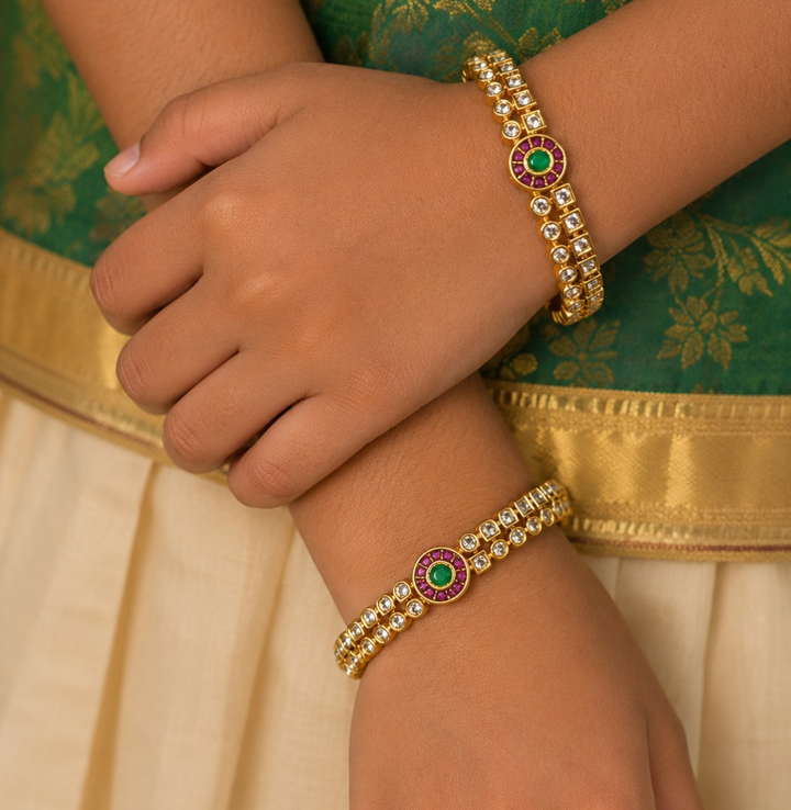traditional Panchaloham bangles Pair of gold plated with gemstones with waterproof, anti fade used for festivals , weddings, and ideal for gifting.