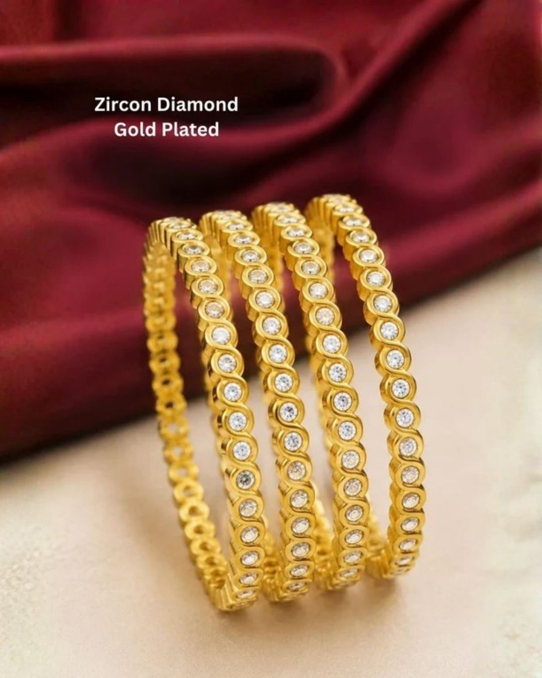 Elegant zircon diamond gold plated bangles featuring a sleek continuous row of sparkling zircon stones set in a premium gold finish. Perfect for weddings, parties, and festive occasions.