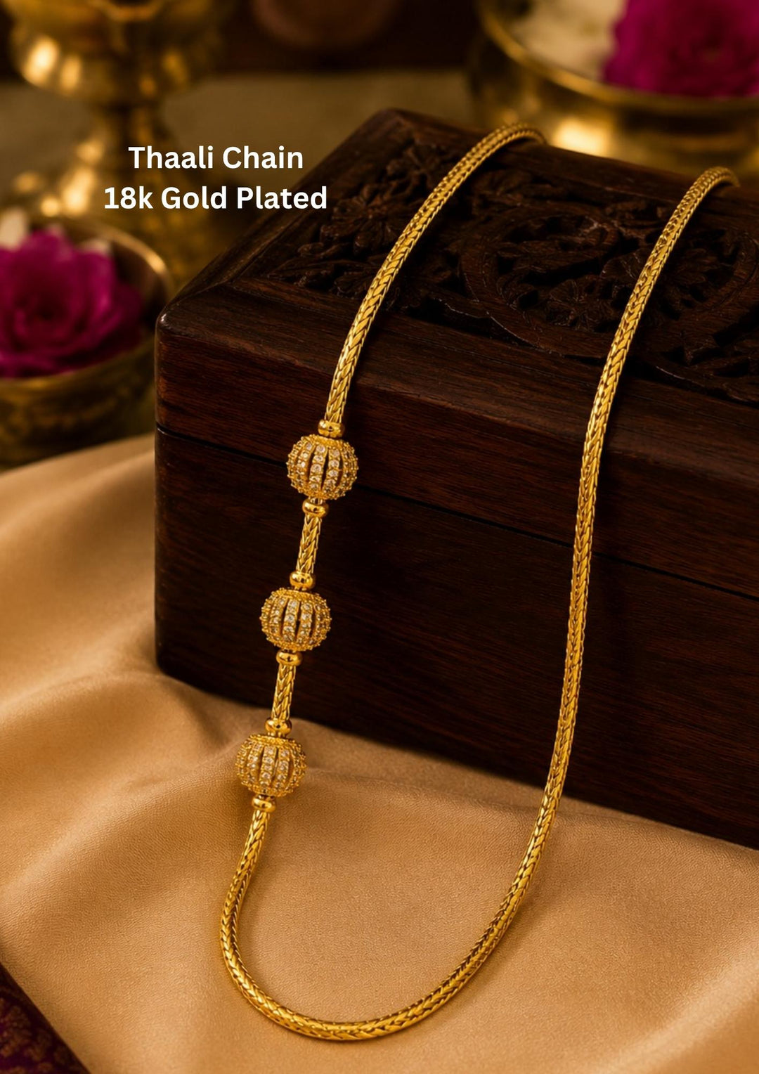 Elegant 18k gold plated thalli chain adorned with sparkling zircon ball bead accents with a premium woven chain design perfect for festive and everyday traditional wear.