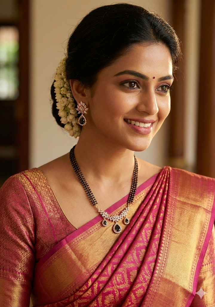 south indian Woman wearing this enticing mangalsutra with earrings and looks very traditional and can use for festivals , functions and  for gifting 