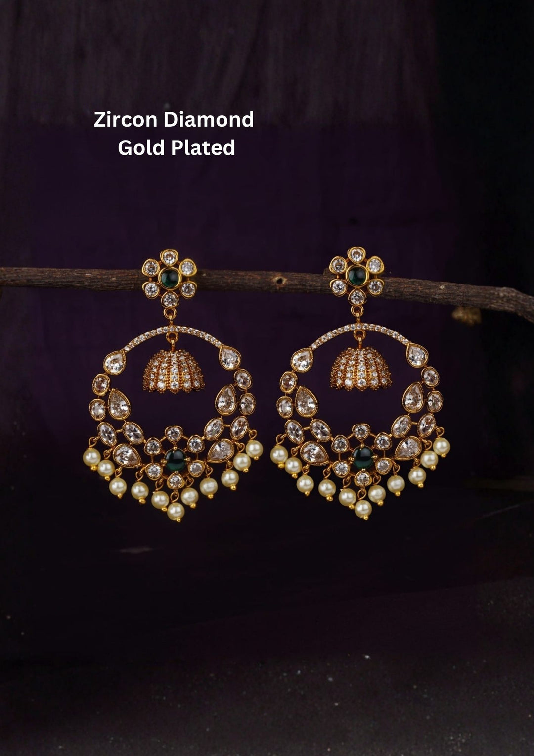 Zircon diamond gold plated green Chandbali Earrings waterproof, anti fade used for Festival ware, weddings, and ideal for gifting. 