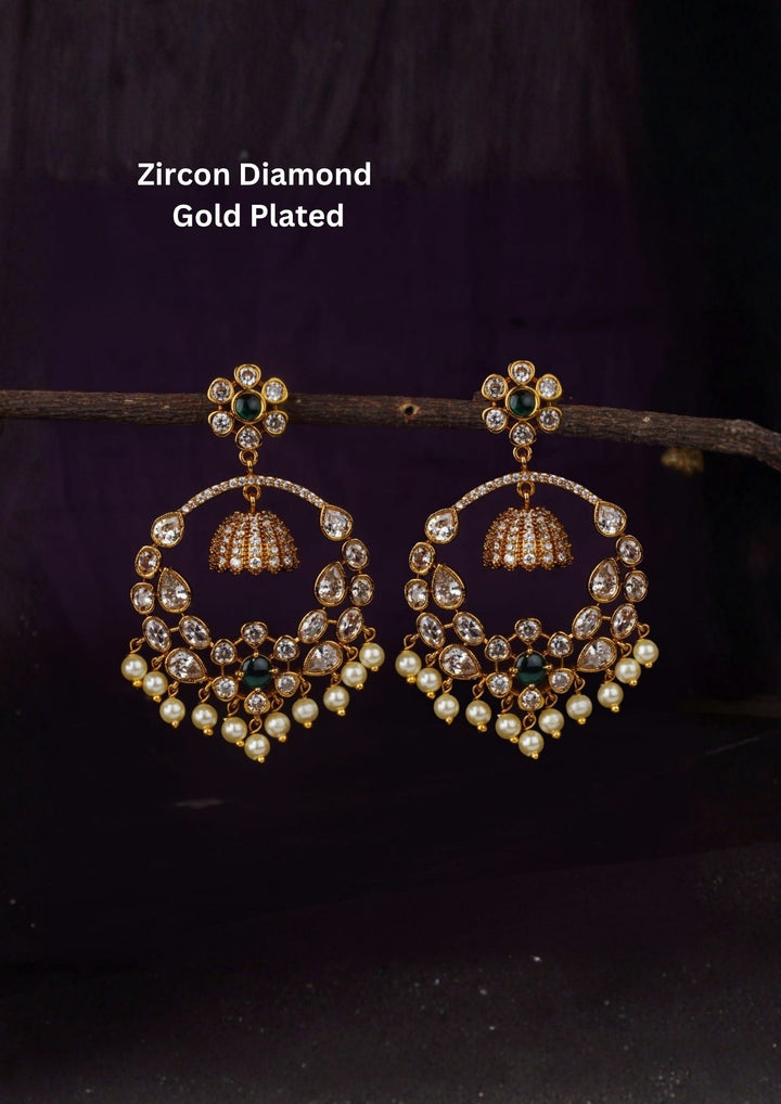 Zircon diamond gold plated green Chandbali Earrings waterproof, anti fade used for Festival ware, weddings, and ideal for gifting. 