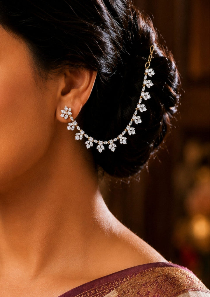 South indian Woman wearing diamond ear chains and looks very traditional and looks vey elegant and can use for weeding's , festival 