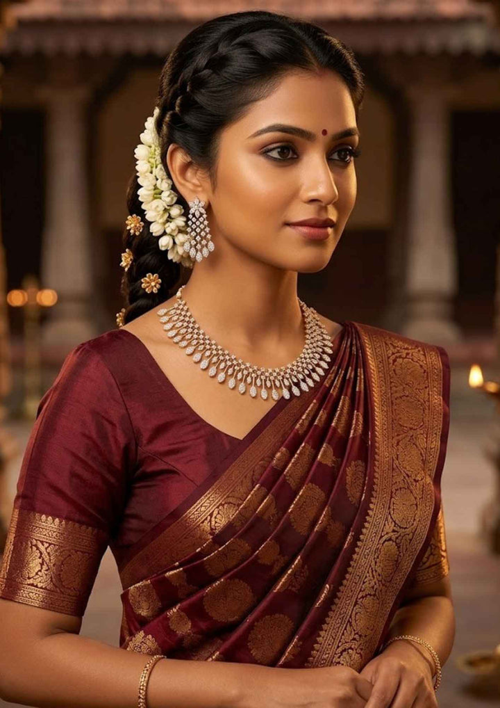 South Indian woman styling a zircon diamond gold plated necklace set with matching designer earrings. The jewelry features brilliant diamond-look zircon stones, delicate leaf-shaped danglers and a lightweight elegant finish that beautifully complements sarees, lehengas, gowns and traditional ethnic outfits.
