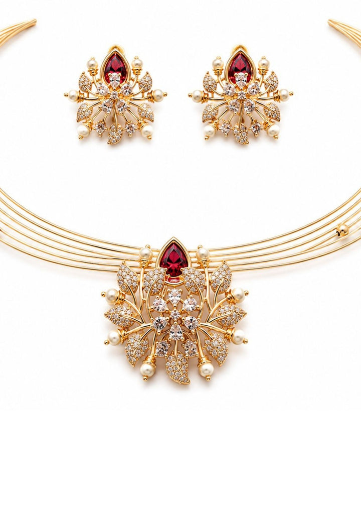 Pure zircon diamond gold plated necklace with earrings designed with white pearls and leaf shaped gold beads. with red emerald stone in middle. This necklace set has a premium gold finish, is lightweight, and comfortable to wear. Suitable for daily use, pooja, weddings, festivals, functions, and family occasions. It is sweat-proof, anti-fade, skin-friendly, and easy to wear daily