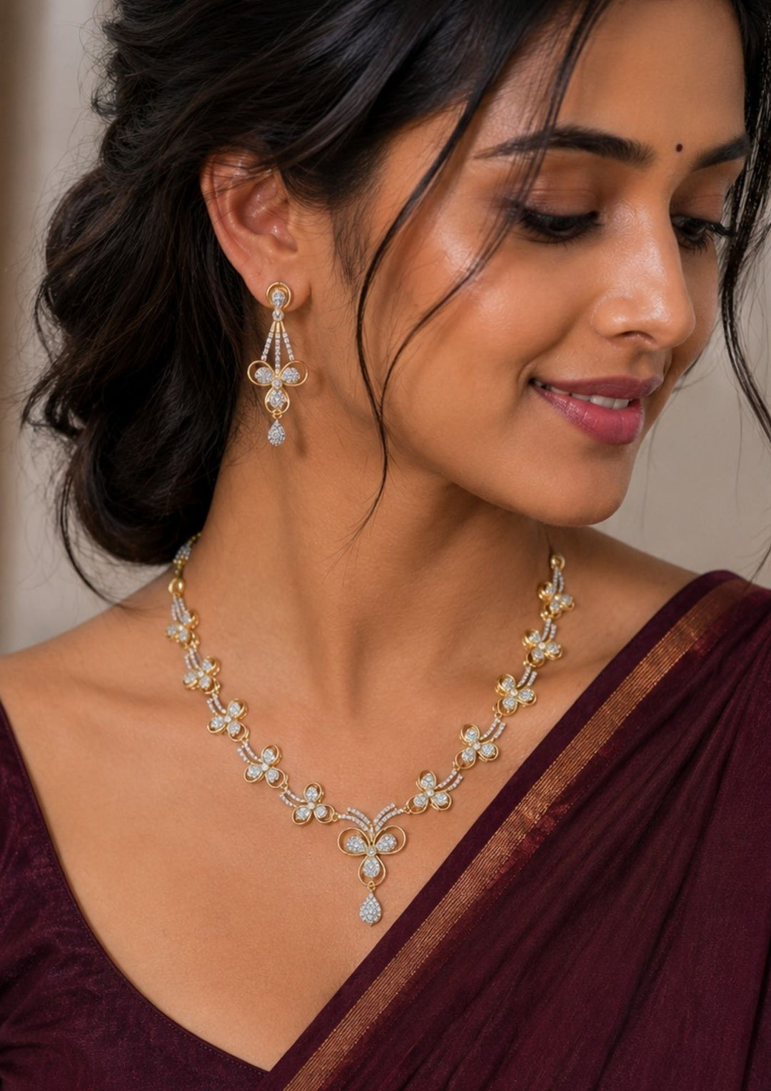 South Indian Women wearing Beautiful zircon diamond gold plated necklace set featuring elegant floral motifs with sparkling zircon stones and matching drop earrings. Perfect for weddings, receptions, and festive celebrations.