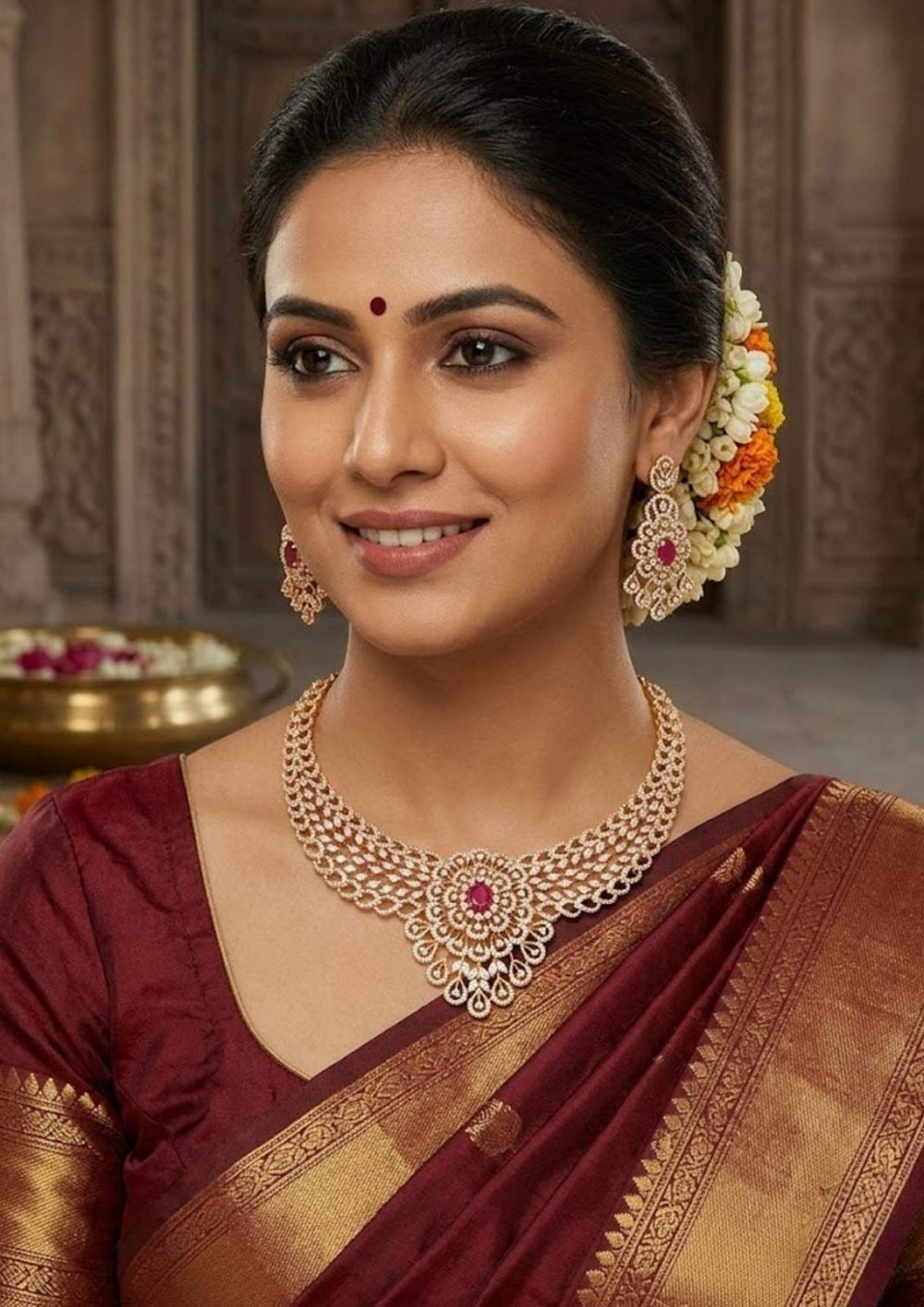 South indian women Gold-plated zircon diamond necklace and earrings with interchangeable stones in image necklace and earrings shows very clear and can be used for festive , functional 