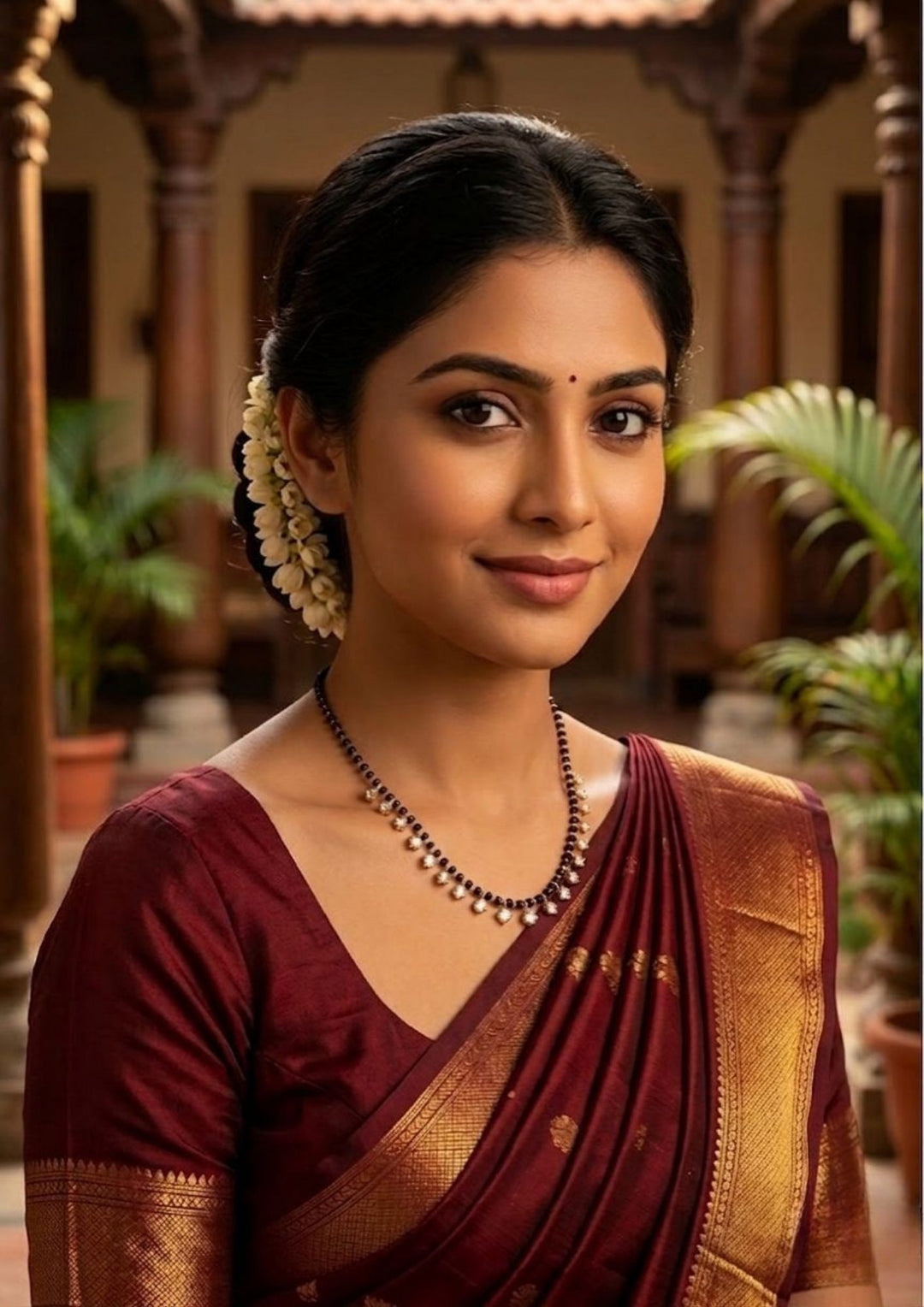 south indian women wearing only a traditional mangalsutra (nallapusllu ) it is very simple and single ine mangalsutra can use for dailyware , office ware , functional ware and for poojas and ideal for gifting 